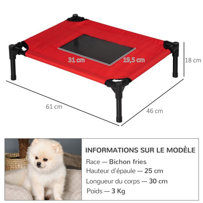 Lit surélevé pour chiens - PawHut - animaux de compagnie oxford textilène micro-perforé - métal oxford - 61x46x18cm - rouge noir