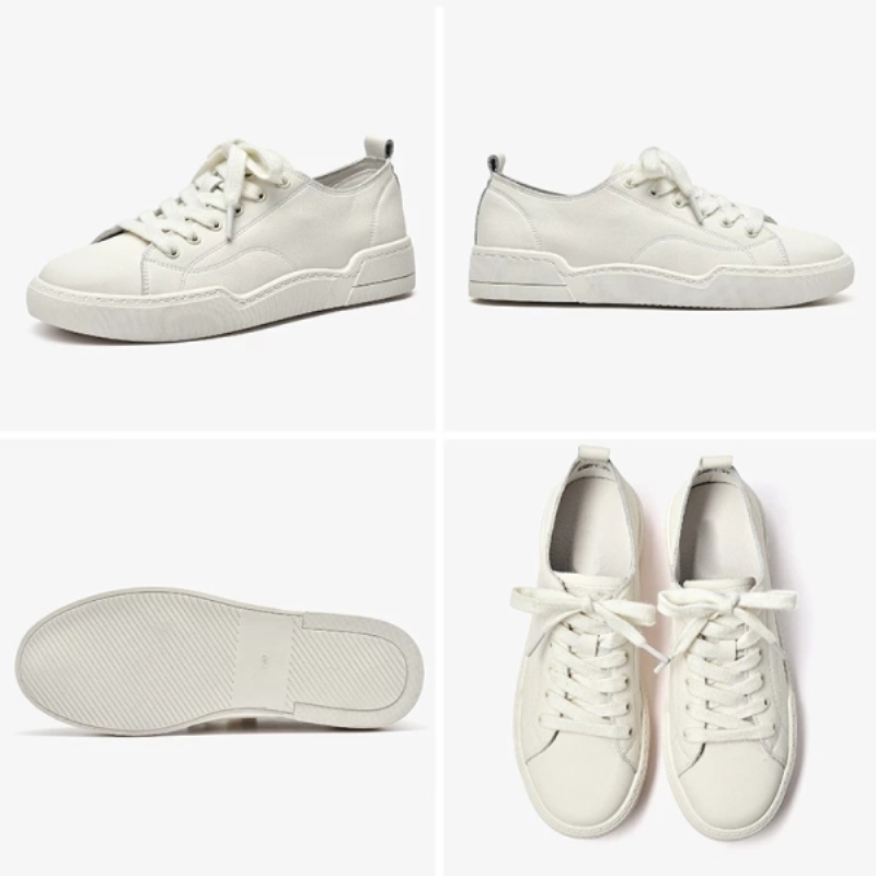 Sneakers bianche da donna in vera pelle bovina, punta tonda, chiusura con lacci, scarpe basse casual da donna per primavera/autunno, fatte a mano 29067