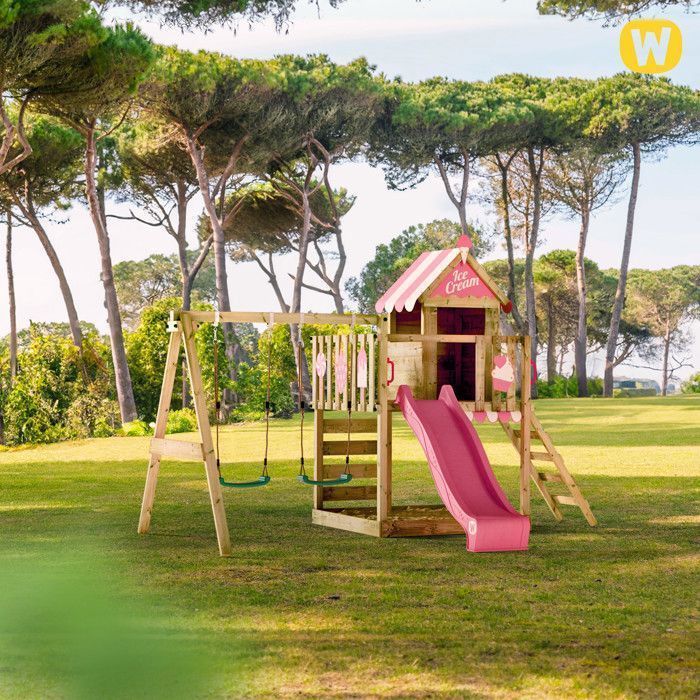 Aire de jeux bois WICKEY Smart Candy avec toboggan 220 cm vert pastel, double balançoire et maisonnette – 10 ans de garantie*