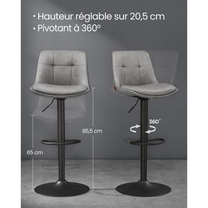 VASAGLE Bar Stools, Set of 4, Height Adjustable Swivel Seat, Padded PU Leather, with Backrest and Footrest, Gray