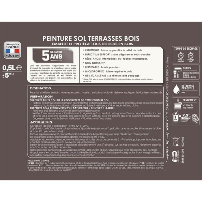 Peinture Sol V33 Terrasses Bois Sols Extérieurs Moka 0,5 L