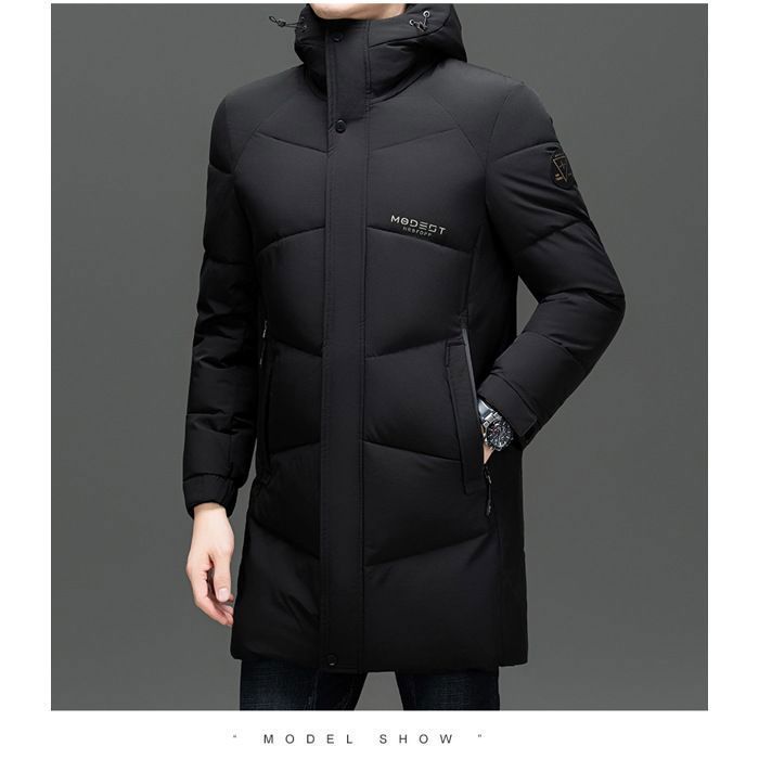 Men's Mid-Length Puffer Jacket - Black - Warm Autumn/Winter with Hood