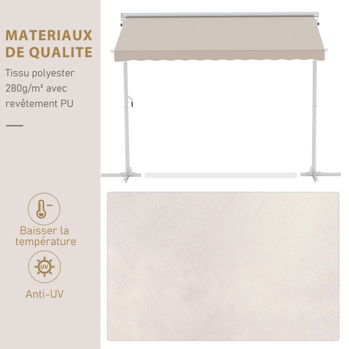 Store Double Pente 3 x 3 m Manuel rétractable Inclinaison réglable Acier époxy Blanc Polyester imperméabilisé Anti-UV Beige