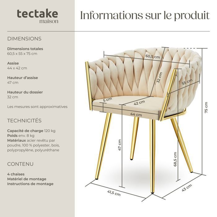 Chairs - TECTAKE - Set of 4 ASTANO dining chairs in knotted designer velvet with slim steel legs - Sand/Gold