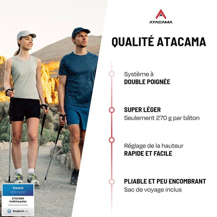 Bastoncini da trekking pieghevoli ATACAMA in carbonio/alluminio per uomo/donna, ultraleggeri e stabili, stile nordico, con impugnatura in sughero.