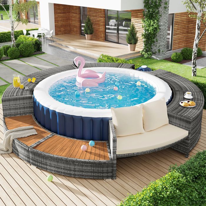 Estructura para spa/jacuzzi/piscina en resina tejida y madera, 283x283x55 cm, gris.