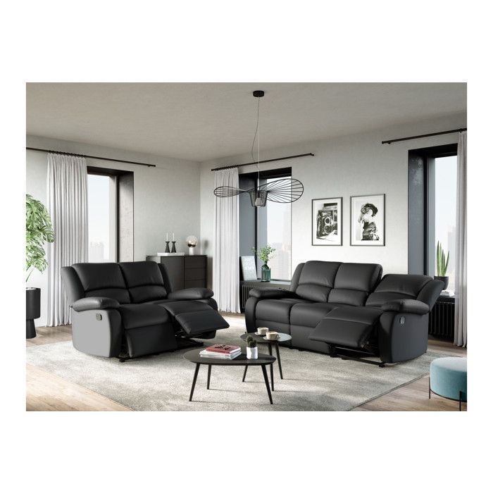 LEO 3-Sitzer-Relaxsofa in Kunstleder - Schwarz - B 193 x T 93 x H 96 cm - LOUNGITUDE