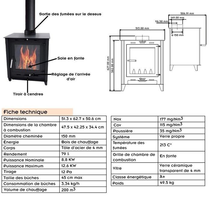 Fogão a lenha SOLARIS 8,8-12 kW - Toras de 45 cm - Alta eficiência
