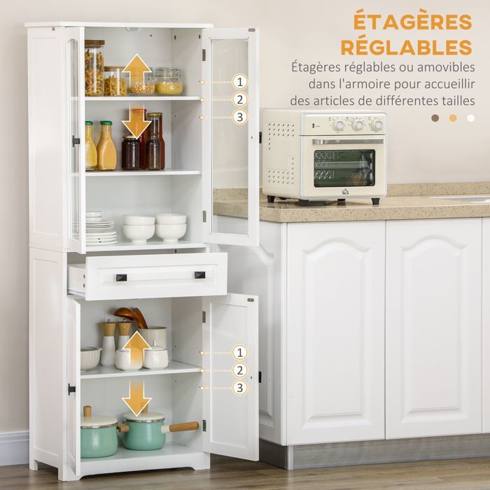 Buffet de cuisine - HOMCOM - armoire haut 4 portes dont 2 vitrées 1 tiroir étagères réglables - bois - hauteur 160 cm - blanc