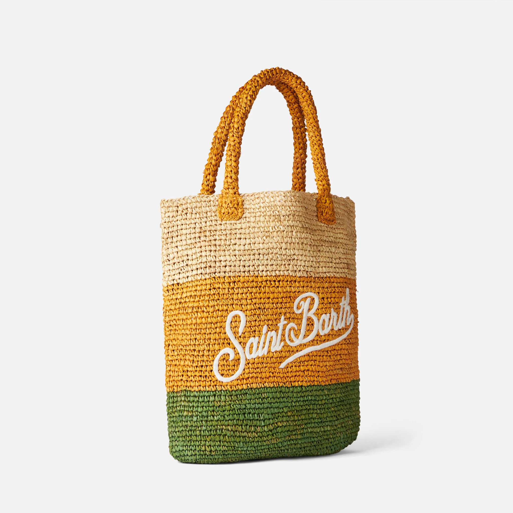 Raffia bucket bag met veelkleurige strepen en borduurwerk