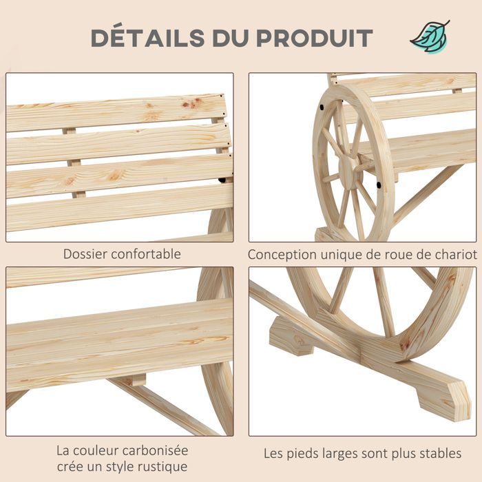 Banco de jardín Outsunny de 3 plazas, estilo rústico chic, con reposabrazos y ruedas, de madera con efecto madera natural.