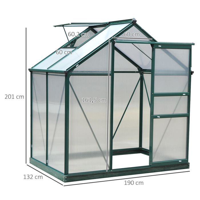 Serre de jardin polycarbonate - Outsunny - résistant aux UV 30+ - avec fondation renforcé - 190 x 132 x 201 cm - vert foncé