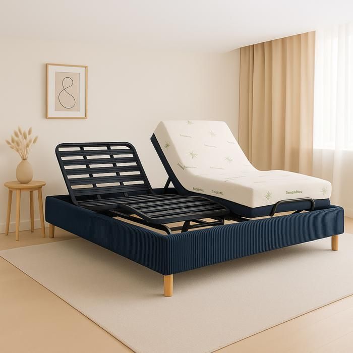 Pacchetto letto elettrico beige 200x200 - Base relax a doghe + bordo in velluto a coste + materasso