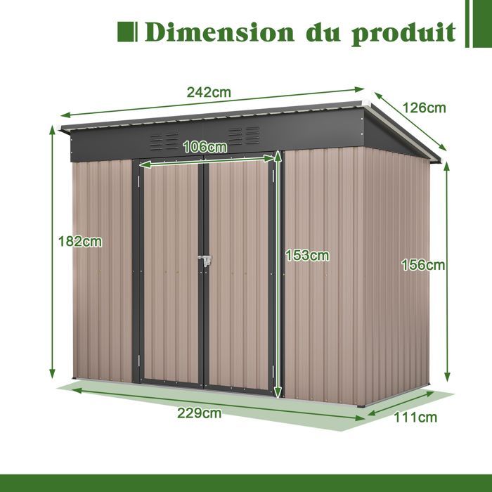 Casetta da giardino in metallo, acciaio zincato, resistente alle intemperie, per riporre attrezzi da esterno, marrone, 242x126x182 cm