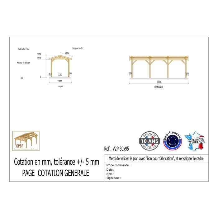 Carport aus französischer Douglasie, 29 m² – 2 Dachflächen – 8 Pfosten – Unterstand für Ihr Auto im Freien – 10 Jahre Garantie