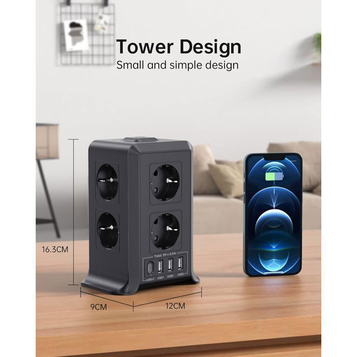 Regleta USB con protección contra sobretensiones, 8 tomas de corriente + 4 puertos USB, protección contra sobretensiones/rayos, cable de 2 metros.