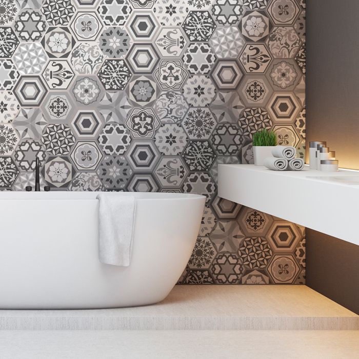 Sticker Mural Carrelage adhésif Cuisine Salle de Bain - CARRELAGES HEXAGONES NUANCES DE GRIS MOSAÏQUE - 28stickershexagones10x9cm