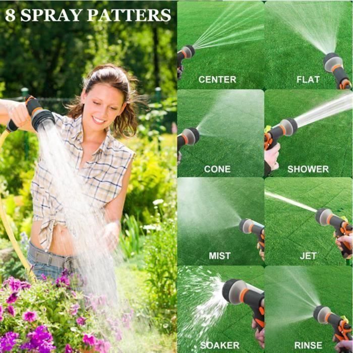 Multifunctionele tuinslang met 8 standen en kunststof sproeipistool voor het besproeien van planten en gazon.
