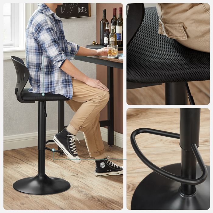 SONGMICS Tabouret Bar, Lot de 2, Siège, Réglable en Hauteur, avec Dossier Incurvé, Assise Rembourrée, Pivotant à 360°, Noir
