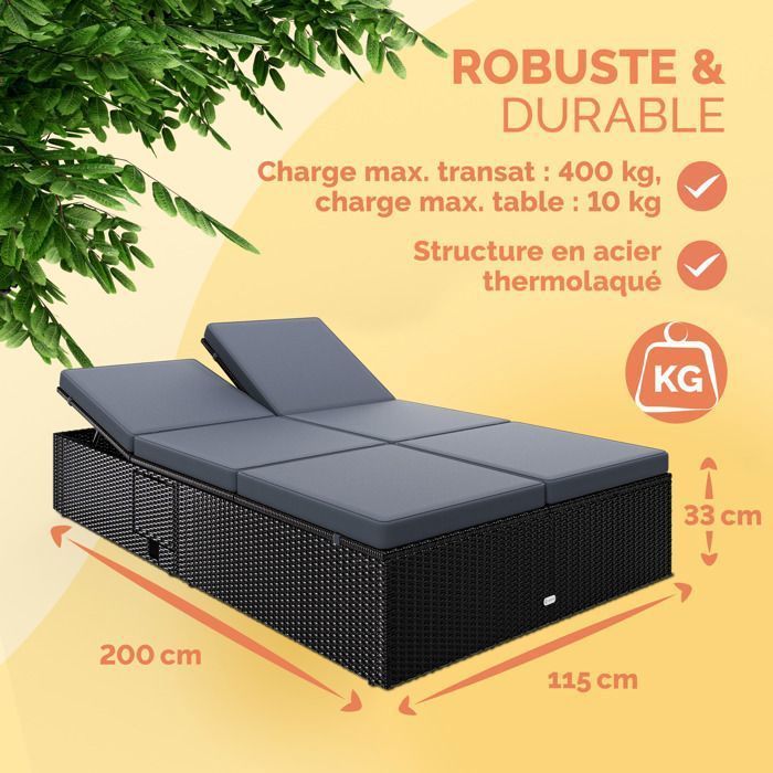 CASARIA Chaise longue double noir/anthracite extrémités réglables bain de soleil 2 places polyrotin chaise d’extérieur