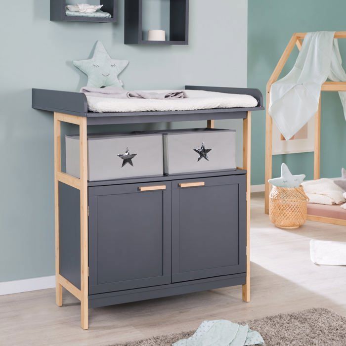 Commode à Langer ROBA - Berlin - 2 Portes + 2 Boîtes de Rangement en Tissu - Meuble à Langer Évolutif - Anthracite - Bambou