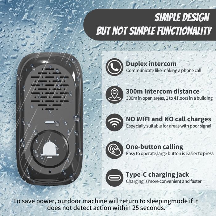 Wireless intercom doorbell - AKOZON - Voice chime - RF433 - 300m range - IP44