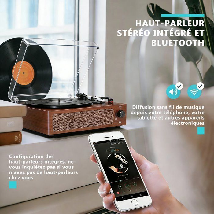 Platine Vinyle, Vintage Portable,Bluetooth,3 vitesses 33/45/78 rpm,Haut-parleurs Intégrés,Pour Musique Maison et Voyage