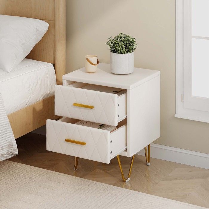 Lot de 2 Tables de Chevet,Table de Chevet avec 2 Tiroirs,Meuble de Chevet,Chevet de Lit avec Pieds en MéTal,35.5x41x51cm,PU,Blanc