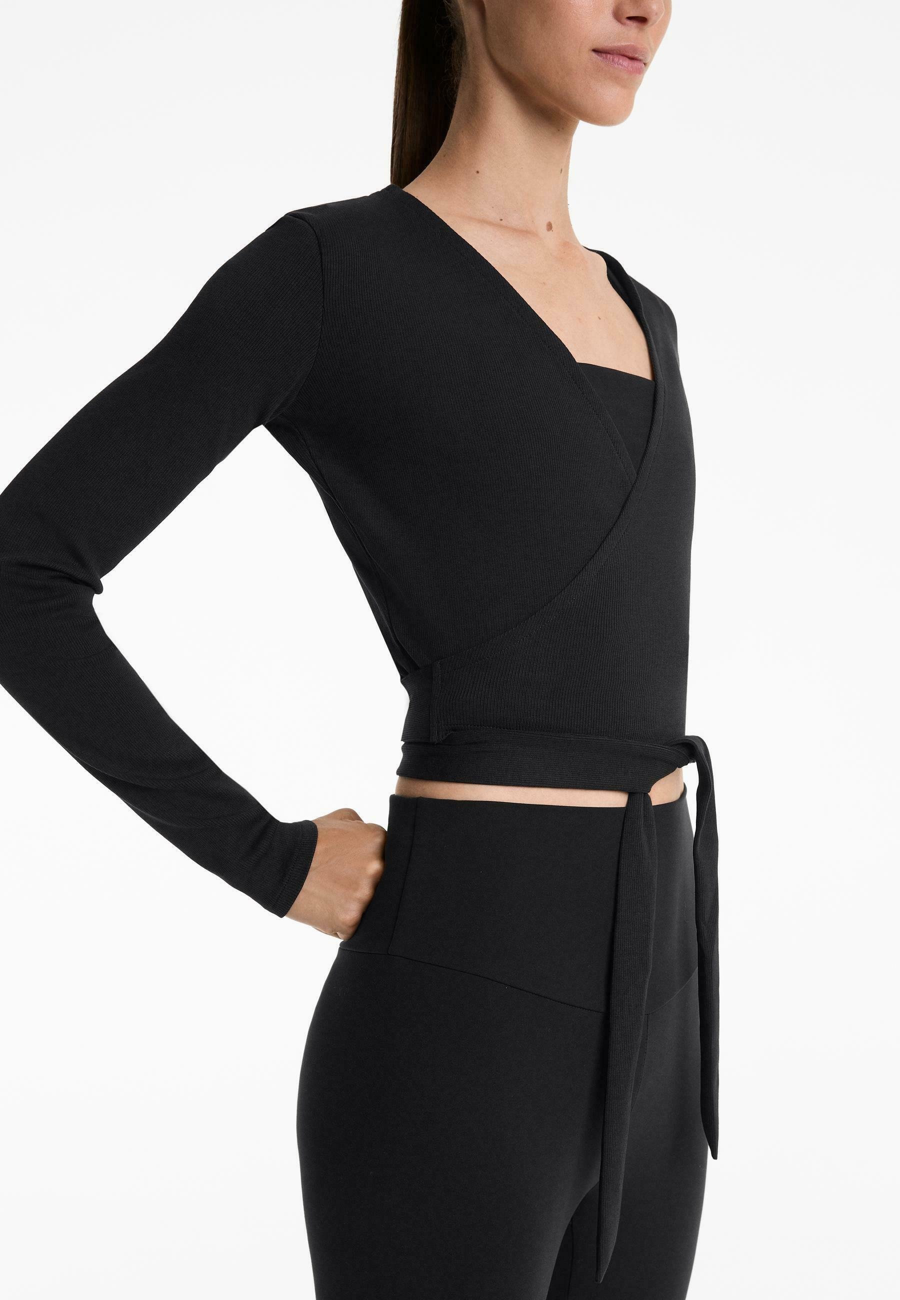 OYSHO RIB COTTON WRAP - Top s dlouhým rukávem - black