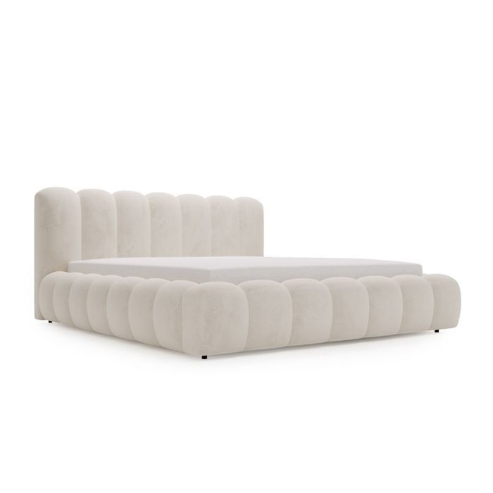Structure de lit - Tissu en velours - Sommier à lattes - lit beige - Averia 140x200
