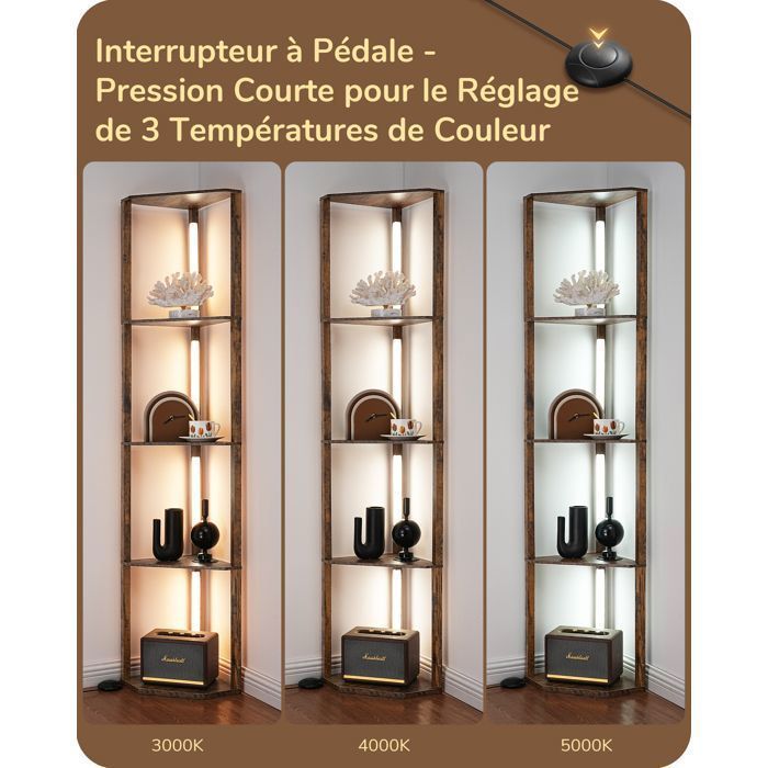Lámpara de pie LED regulable EDISHINE para salón con estantes, 3 temperaturas de color, interruptor de pie, 163 cm de altura, nogal medio.