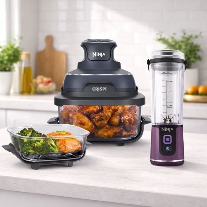 Friggitrice ad aria portatile - NINJA - CRISPI - 1,4L e 3,8L - 4 programmi - 1700W - Blu + Frullatore portatile Blast in omaggio (viola)
