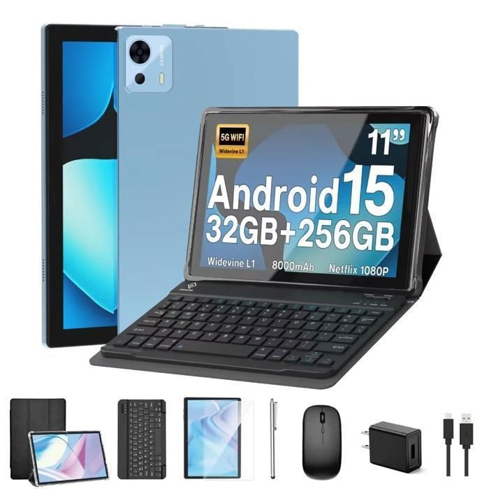 Tablet TAKINURU com tela sensível ao toque de 11 polegadas, Android 15, 32 GB de RAM, 256 GB de ROM, bateria de 8000 mAh, porta USB-C, azul.