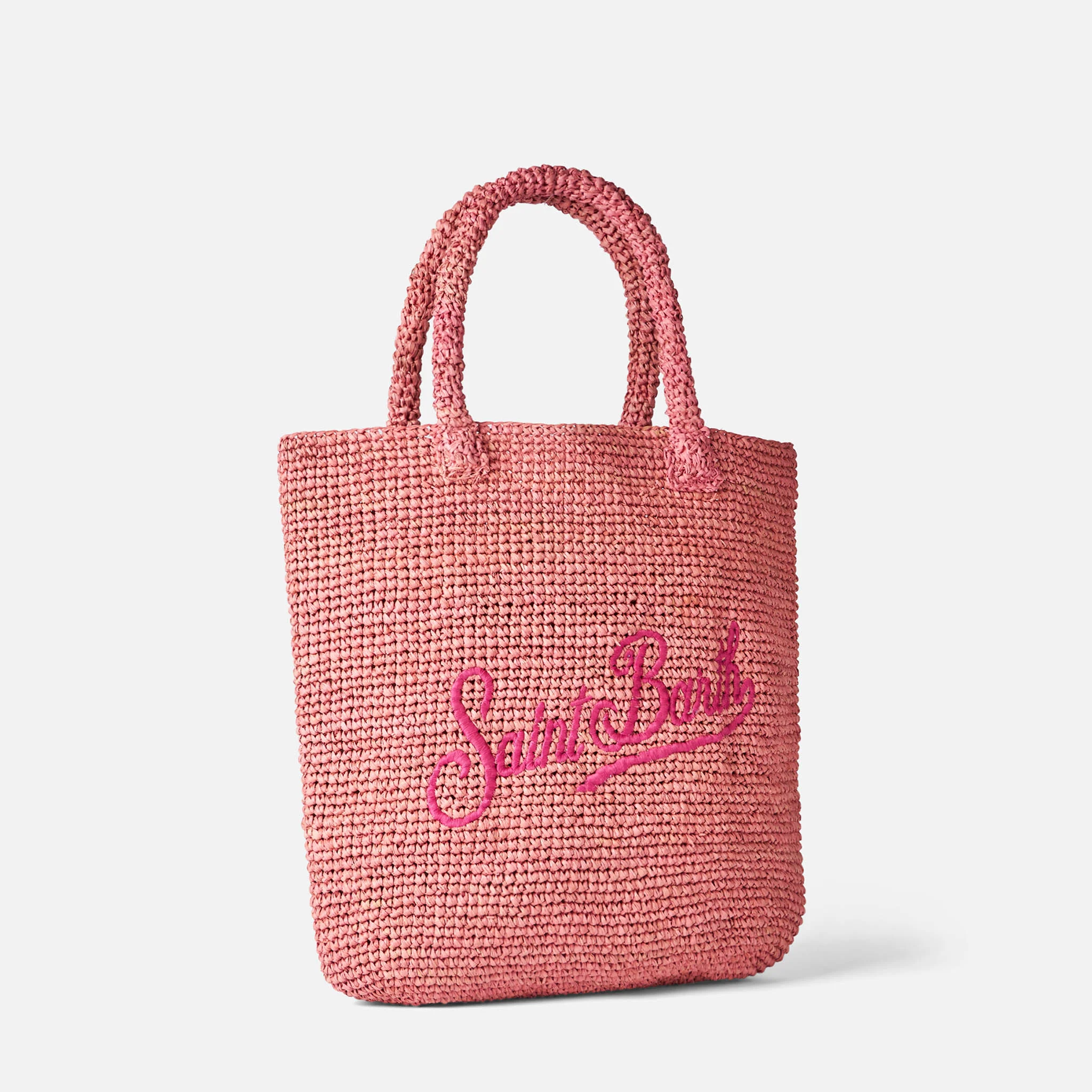 Roze raffia bucket bag met borduurwerk