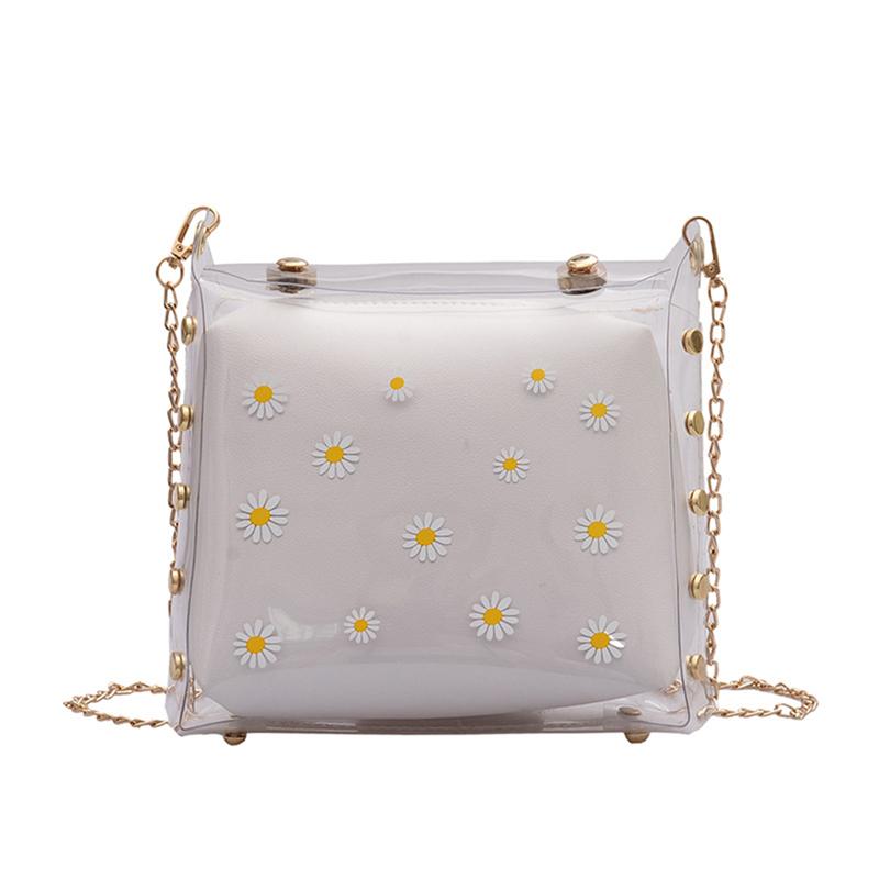 Sac bandoulière femme transparent à motif marguerites avec bandoulière métallique