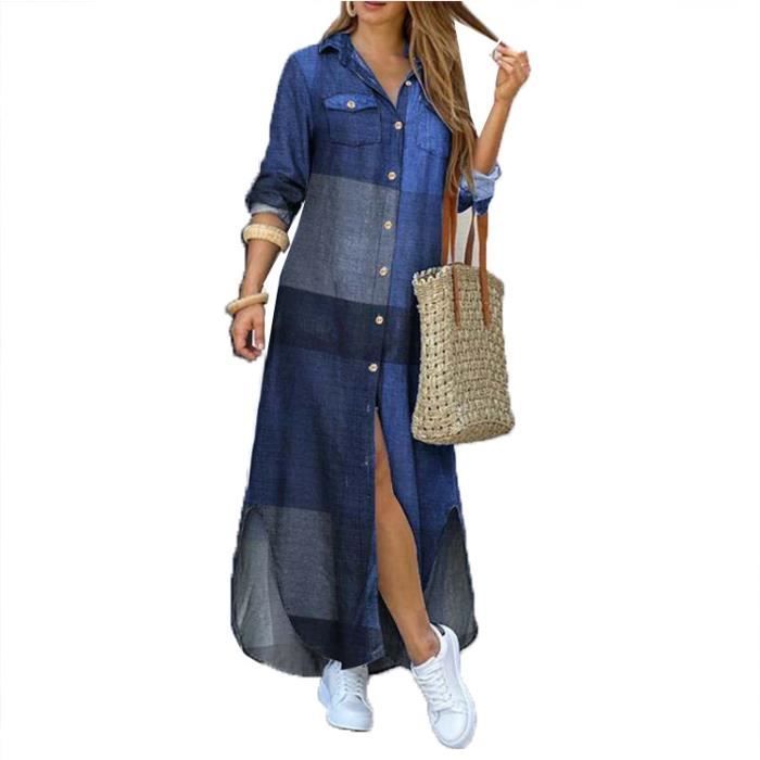 Vestido camisero informal de manga larga extragrande para mujer, color azul, ideal para otoño.