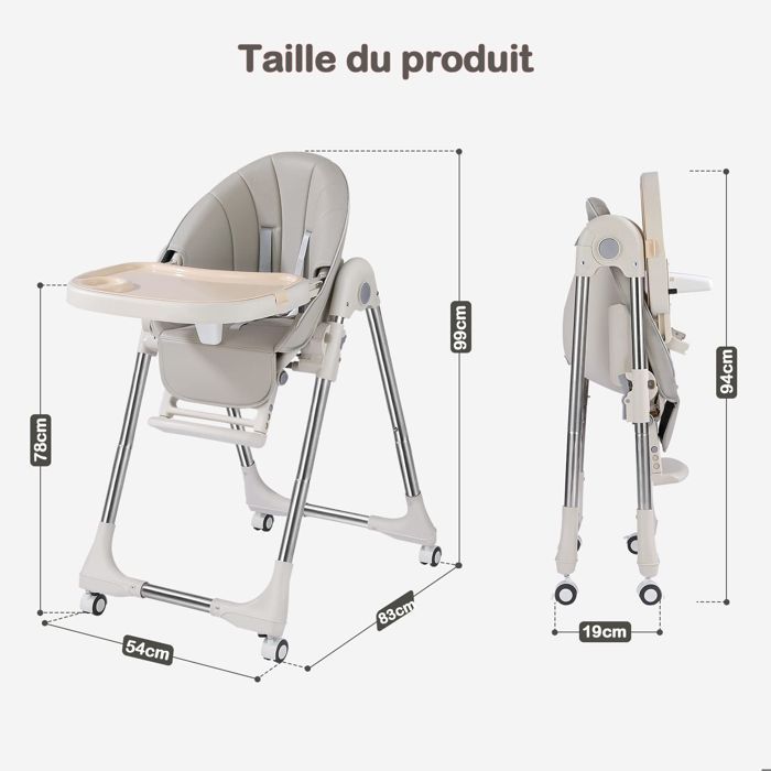 Trona plegable convertible para bebé - Altura ajustable - Bandeja extraíble - 4 ruedas giratorias - Asiento cómodo