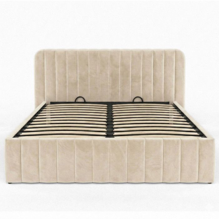 Cama doble con almacenamiento IDMARKET ALBA con cabecero y somier de láminas, 160 x 200 cm, terciopelo beige.