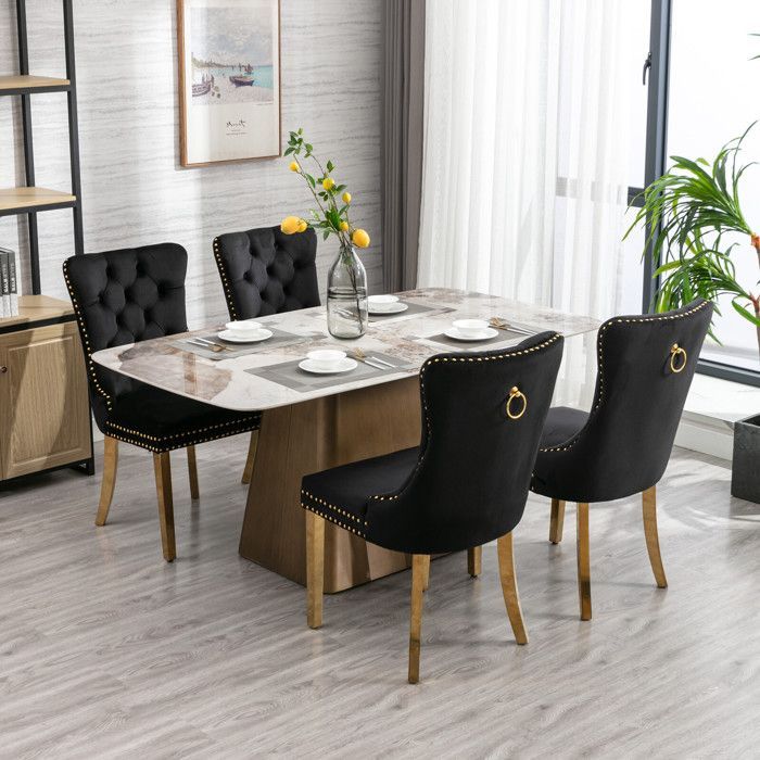 Set of 2 Upholstered Velvet Dining Chairs - Contemporary Style - Plated Stainless Steel Legs - Black and Gold
