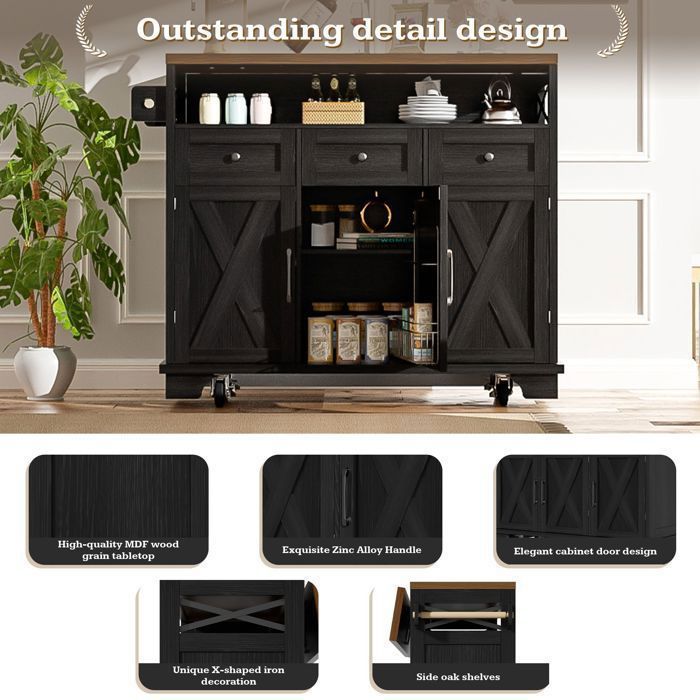Luonians Îlot de cuisine avec plateau rabattable 118 x 43(70) x 98 cm, chariot cuisine 3 tiroirs, 3 portes et rangement ouvert,noir