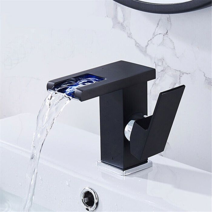 Black LED Waterfall Basin Tap - Bathroom Faucet - Low Chrome Black Basin Mixer Tap - Vintage Faucet
