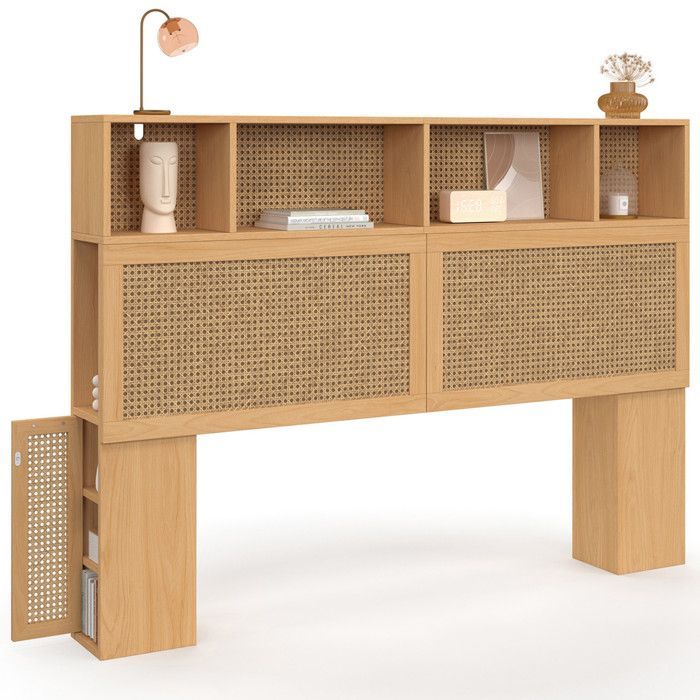 IDMARKET EDHEN 145cm Headboard with Closed Storage and Cane and Wood Niches
