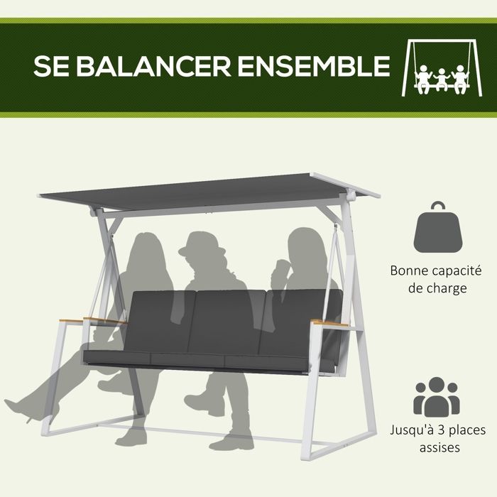 Balancelle de jardin - Outsunny - 3 places avec toit inclinable matelas fourni cadre acier - métal - 205x130x175cm - gris foncé