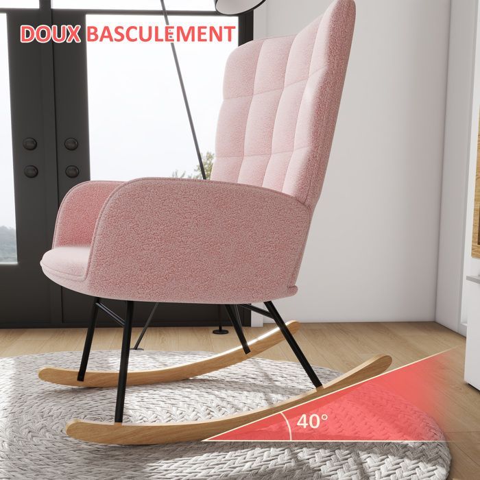 Rocking chair - HOMCOM - looped wool effect upholstery - steel frame - solid wood legs - pink