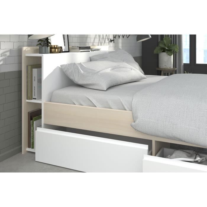 Cama adulta COMBO 140x190/200 cm - Acacia y blanco - 3 cajones - PARISOT