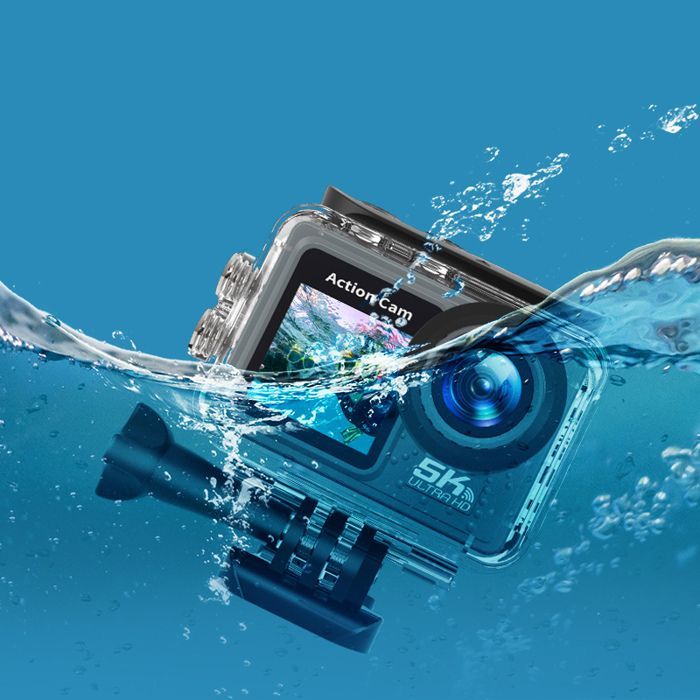 Cámara deportiva 5K a 30 FPS con doble pantalla táctil, 24 MP, resistente al agua hasta 30 m (EIS), pantalla LCD gran angular de 170° con tarjeta de memoria de 64 GB