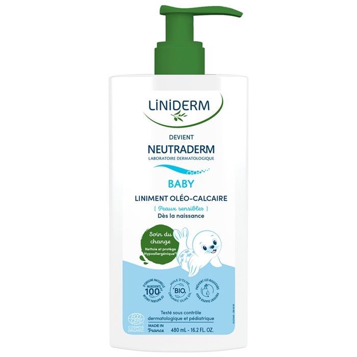 Liniment oléo-calcaire - NEUTRADERM - Baby Bio - Flacon-pompe 480 ml - Huile d'olive vierge - Soin pour le change