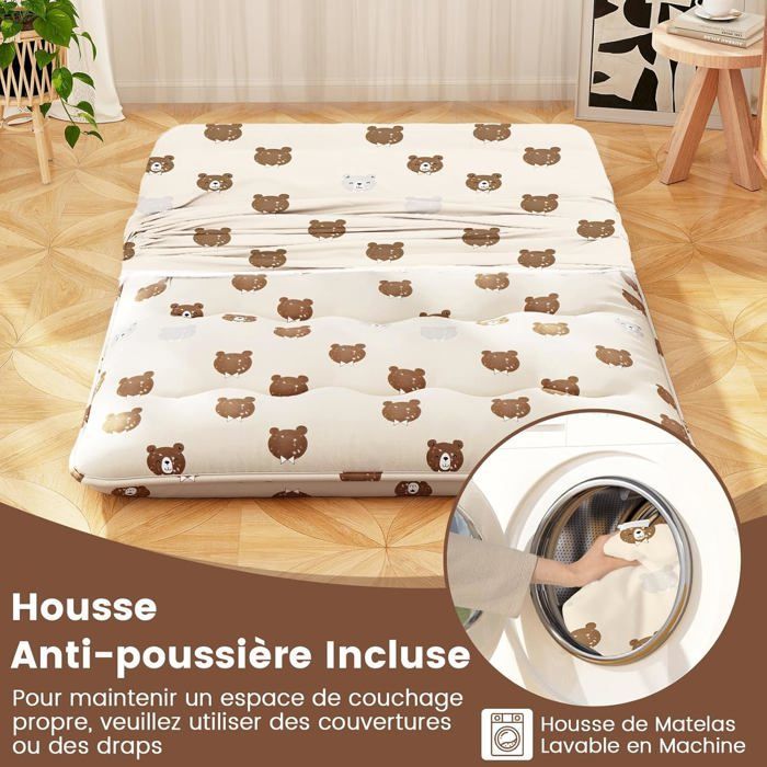 Colchón futón japonés COSTWAY 140x200CM - Cubrecolchón extraíble, colchón plegable para suelo - Hogar, autocaravana, dormitorio - Oso marrón