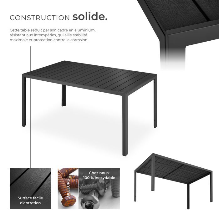 Tavolo da esterno - TECTAKE - BIANCA tavolo da giardino con gambe regolabili in altezza, alluminio, tappi in plastica - 150 x 90 cm - Nero