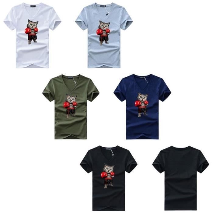 T-shirt casual da uomo a maniche corte con scollo a V, taglio dritto, estiva, con stampa di gatto pugile - grigia